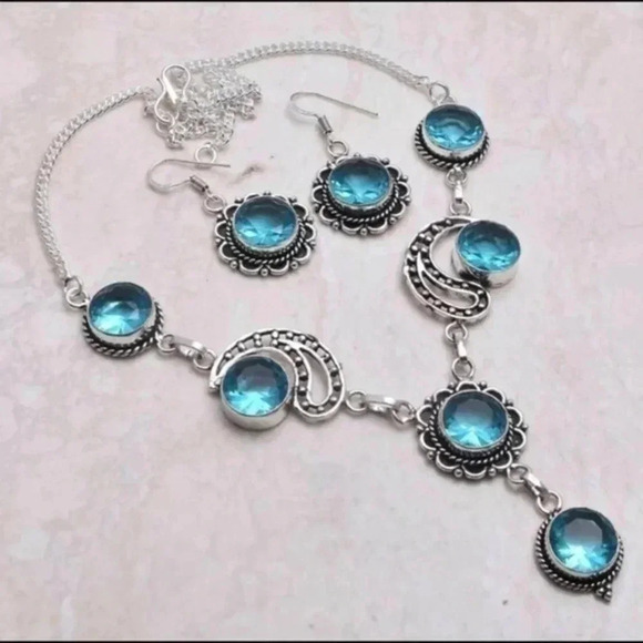 Aquamarine 925 Sterling Silver Necklace Earrings Set